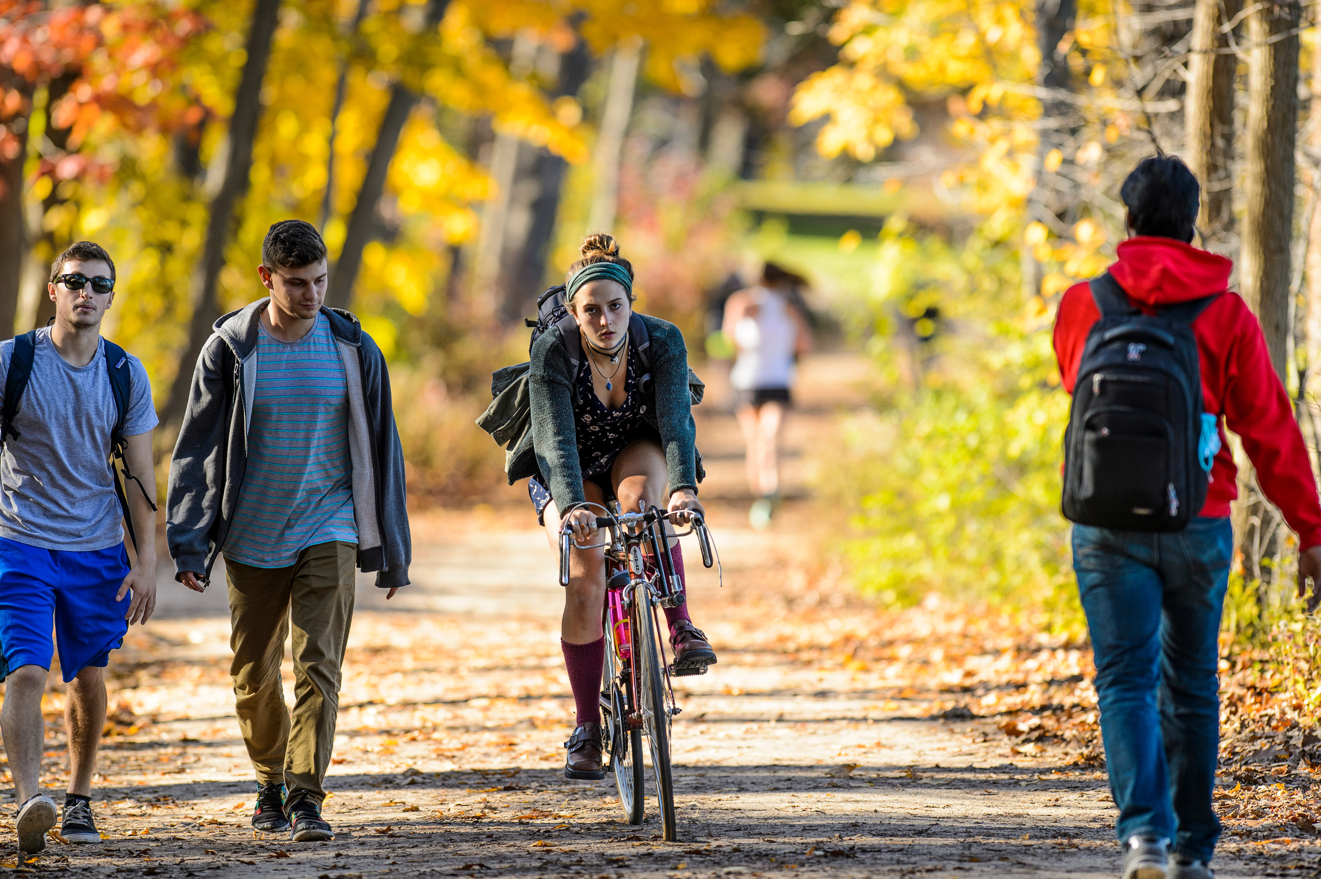 A student bikes on the lakeshore path in fall.