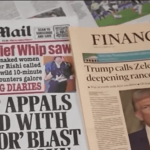 Partial newspaper front pages and headlines about Trump and Russia.